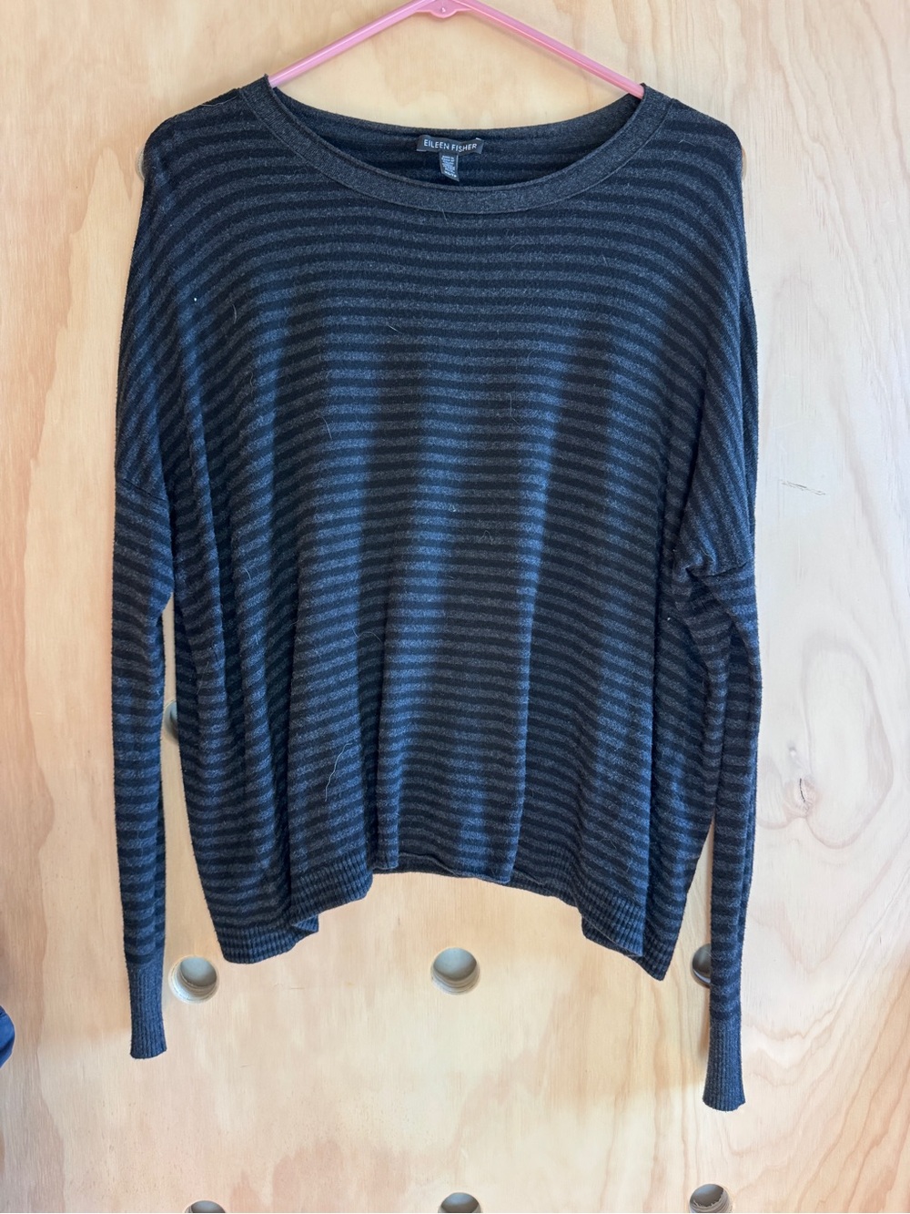 Eileen Fisher Black and Gray Striped Long-Sleeve Knit Top